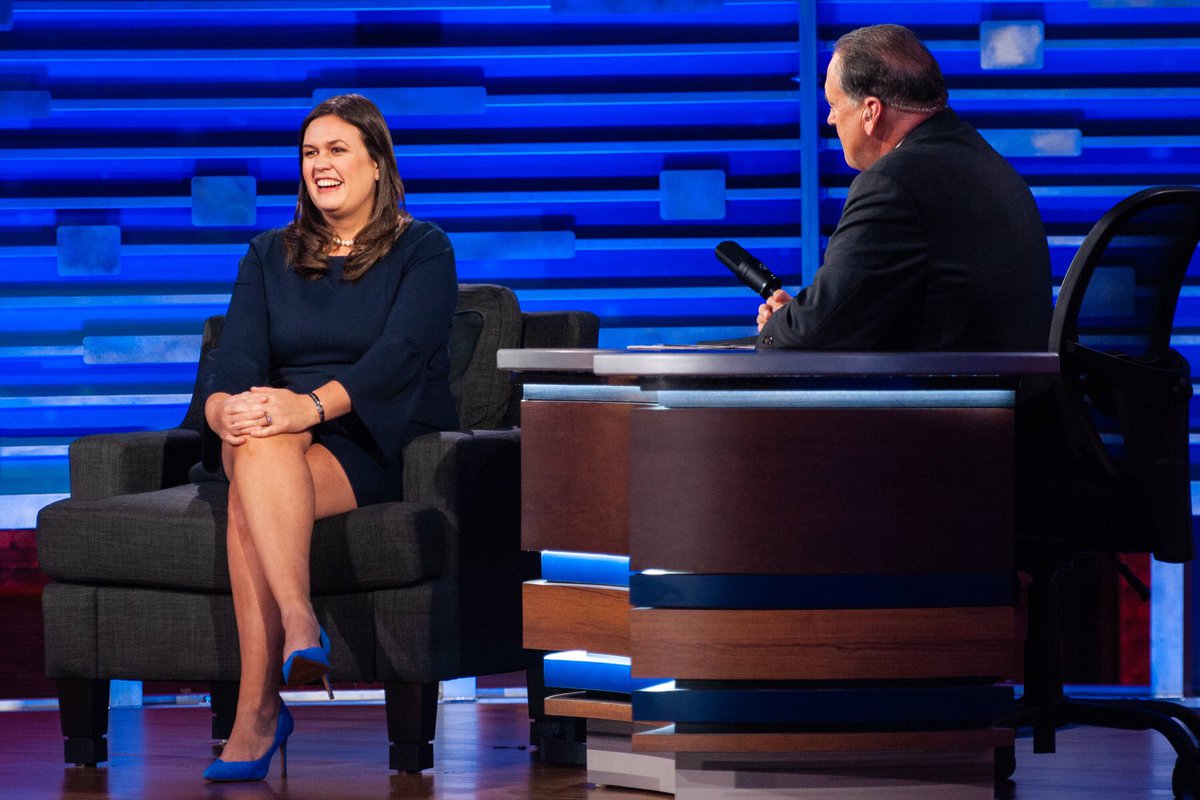 GovMikeHuckabee's tweet photo. A side of @PressSec you won’t see from the MSM 2nite and Sunday on @HuckabeeOnTBN 8/11pm et &amp; 7/10pm ct.  It’s what the media won’t report but I will because I know things! https://t.co/uu58XTfRm2