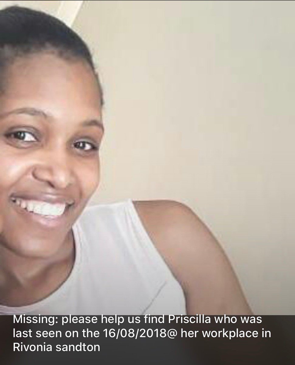 PertuniaBrownie's tweet photo. please help us find our missing sister, she went missing in Rivonia at her workplace on the 16/08/2018 

Please retweet https://t.co/9zYcHinfGd