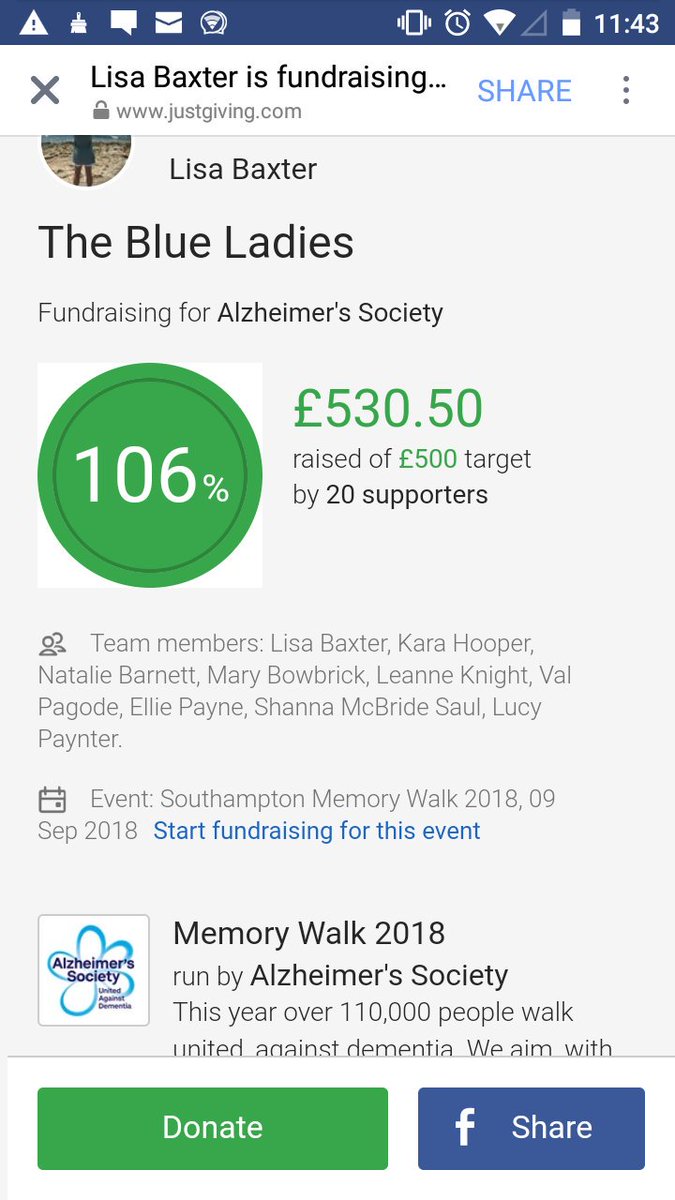 lisabaxter48's tweet photo. We have made it passed our target. Thank you to all our supporters. We are all looking forward to this wonderful event. Please continue to support us by raising awareness of Dementia #alzheimerssociety 💙 @L_to_the_P @EmDean1 @SunriseSrLiving @KaraHooper9 @Natalie260790 https://t.co/ESASaN3YJE