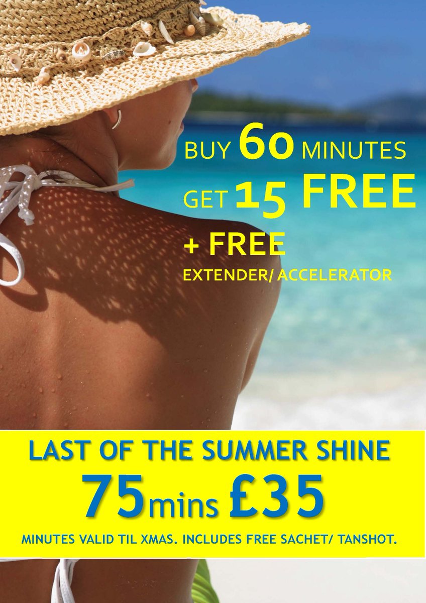 Supatone1's tweet photo. Last of the #summersun! Buy 60 mins get 15 free + free tanning accelerator/ extender. 75 mins/ £35. Mins valid til Xmas '18. Offer ends 03.09.18. Open 7 days - pop in or call 01788 562402. #hangontoyourtan https://t.co/a6n9UD1uOG