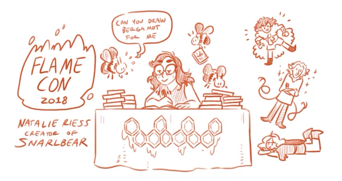 Flamecon signing Sunday at the .@Hiveworks Table!!! I'm not sure if there's a specific time but I wanted to post the cute promo sketch for it before I get on the bus to the city : 3 