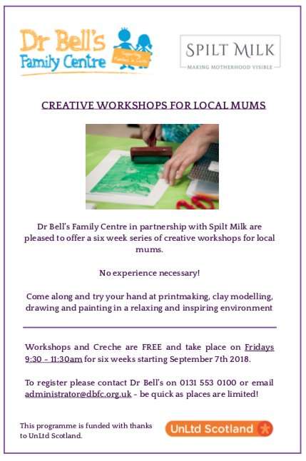 Excited to be running a series of free creative workshops with childcare for mums living in #Leith #Edinburgh at Dr Bells Family Centre thanks to funding from @UnLtd Please contact administrator@dbfc.org.uk to register and please RT! #supportingmothers #SocEnt #mumsmatter