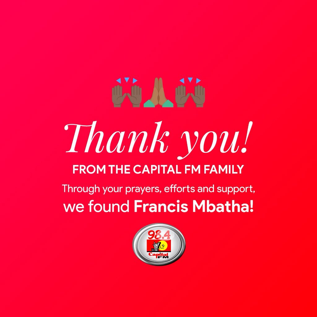 CapitalFMKenya's tweet photo. Thank you to everyone who shared his missing poster and reached out to his family and friends 🙏🏽
We found Franny! #FindFranny https://t.co/EIavFR9xQw