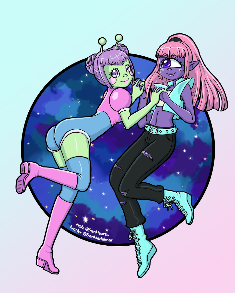 ShakyButtGame's tweet photo. Just a cute alien couple for #cutiesaturday ! 💜💚👽💚💜

Don't forget, #SpaceBaeSundae is coming, and with it a new episode of Shaky Butt! 
Follow @MinaTheQuirc , @TommyTangan and others for the full story, or just check out the free app from @fromEveryst for easy reading! https://t.co/ulll57mDZp