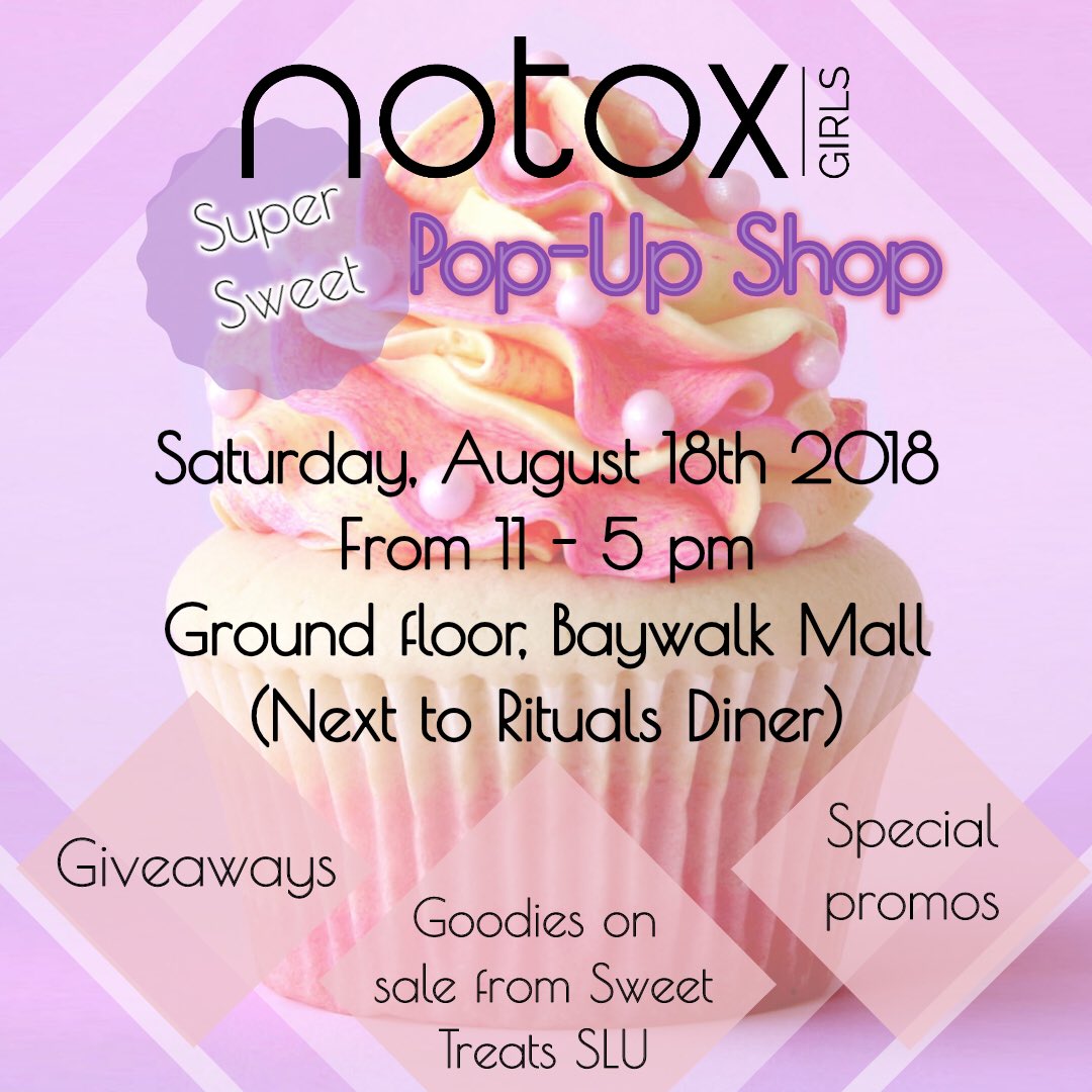 notoxskin's tweet photo. It’s a super sweet pop up with @sweettreatsslu this weekend! Take note of our new location outside Rituals Diner at Baywalk Mall!
•
Get a free cupcake compliments @sweettreatsslu with every purchase!
•
2 doorbuster prizes!
•
50% off Pink Panther scrub 🌸
• https://t.co/B0eV7RCpDA