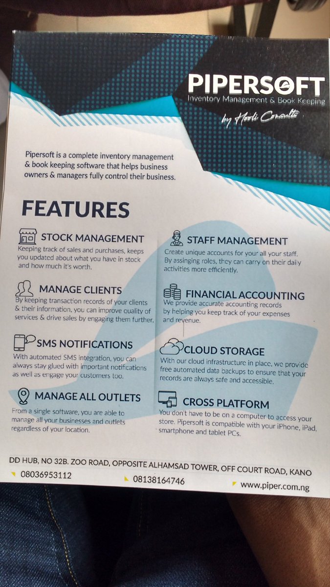 Aminuu_Musa's tweet photo. Ever wonder what is Pipersoft ? Sell find the pipersoft features below. @hooli_consults #Hoolicon #Kano #2018 @markessien @MayeEdwin1 @kyuks @_amustapha @mbgifted https://t.co/STAEOUTt2a
