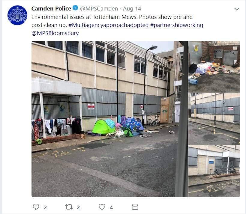 Most people would see this image and think homeless people that need help.
 Not the <a href="/MPSCamden/">Camden Police</a> , they simply see..