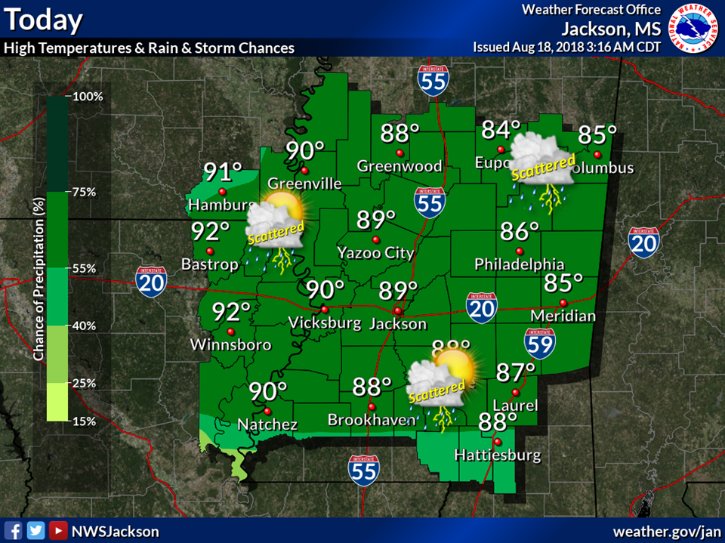Today: Scattered to numerous showers and thunderstorms are expected across the area. A few of these storms could become severe with damaging wind gusts. Isolated flash flooding will also be possible, especially in areas that have seen recent heavy rains.