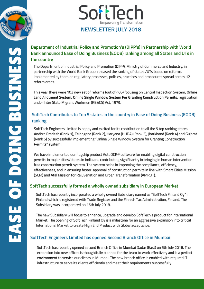 SofttechEngg's tweet photo. #SoftTech News Announcement for July 2018. Our solutions are designed to augment and enhance the sustainable competitive edge of businesses through robust frameworks that positively impact all the business critical factors. #realestate #ERP #construction #BuildingPlanApproval https://t.co/ID2jtERrdm