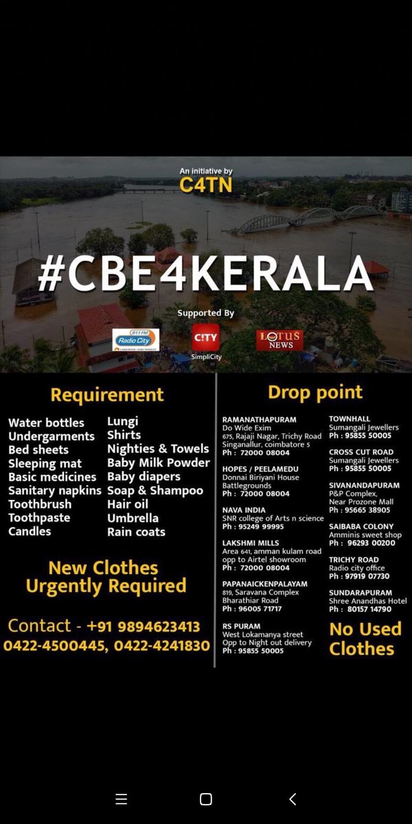Varunsvr's tweet photo. Donate anything bcz there are many ppl with nothing 😢 #PrayForKerala #cbe4kerala https://t.co/PHNNyxRzG1