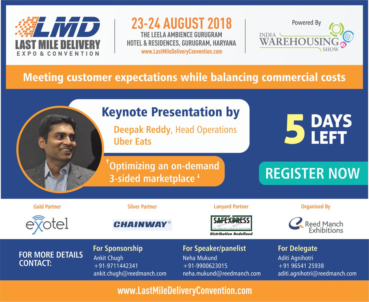 Meet #expert panel Deepak Reddy, Head Operations @UberEats_IND keynote speaker <a href="/LMD_Expo/">@LMD</a> 2018, 23-24 Aug @Leela, Gurugram. Info call 9654125938 or register@ lastmiledeliveryconvention.com
#lastmile #logistics #supplychain #marketplace #ecommerce #fooddelivery #FMCG #LMD2018 #conference