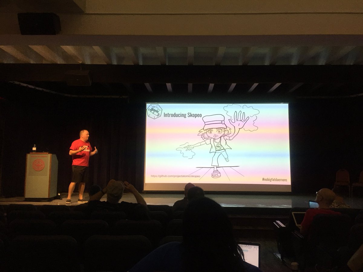 devconf_us's tweet photo. .@rhatdan talking about the current state of #containers at #DevConfUS @BU_Tweets. @coreos @redhatopen @projectatomic #skopeo #BosDev #nobigfatdaemons https://t.co/fBgfcH2T6F