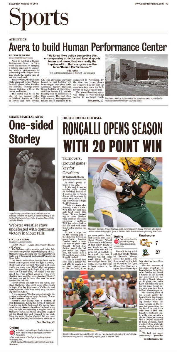 aberdeensports's tweet photo. Today's #SportsPageOne:
✅Avera to build Human Performance Center
🖐#WebsterSD native stays undefeated with dominant victory in #SiouxFallsSD
🏈@AberRoncalli opens season with 20 point win
Find more at https://t.co/9Lqvvvx1fZ https://t.co/udZ3MbWIoq