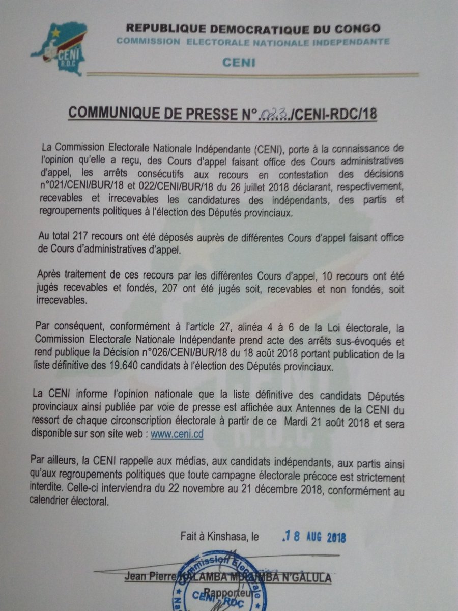 Communiqué de Presse de la <a href="/cenirdc/">Ceni-RDC</a> n*23 du 18 août 2018 portant sur la publication de la liste définitive des candidats Députés provinciaux.