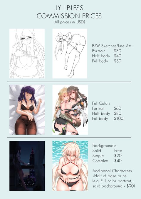 First time I'm opening commissions. I've done work for indie devs before, mostly NSFW stuff, but this is my chance to draw for people directly. Here are my prices, hope to draw some cool stuff for you guys!
My DMs are open, email is preferred though: jayceaua@gmail.com