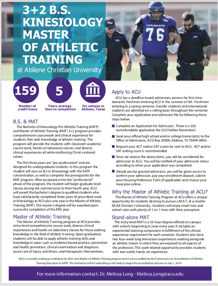 mat_acu's tweet image. Did you know we off a 3+2 degree plan? High school seniors can apply to ACU and enroll in the Pre-Athletic Training Integrated program. They will spend 3 years in undergrad then enter the 2 year MAT program. A student can graduate from ACU in 5 years with a BS and MAT! DM for inf