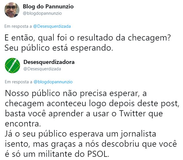 Desesquerdizada's tweet image. Vejam só quem apareceu no nosso Twitter para nos questionar: Fabio Pannunzio (@blogdopannunzio), o militante do PSOL disfarçado de jornalista. E ele recebeu a resposta devida. Ajude-nos: caneta.org