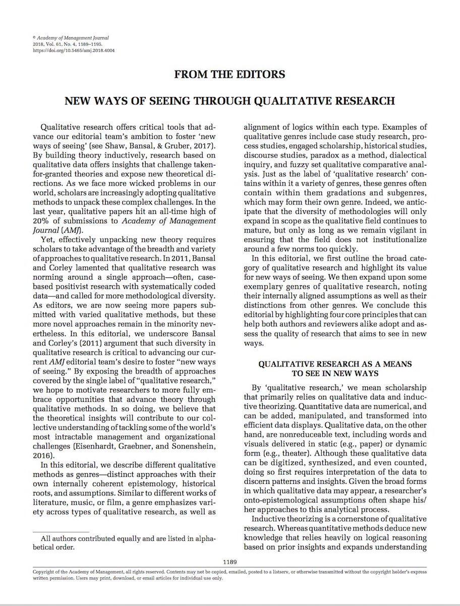 Our (<a href="/TimaBansal/">Tima Bansal</a> <a href="/profwendysmith/">Wendy Smith</a> <a href="/EeroVaara/">Eero Vaara</a>) editorial NEW WAYS OF SEEING THROUGH QUALITATIVE RESEARCH published: journals.aom.org/doi/pdf/10.546… We talk about the need to appreciate and promote different genres of qualitative work.