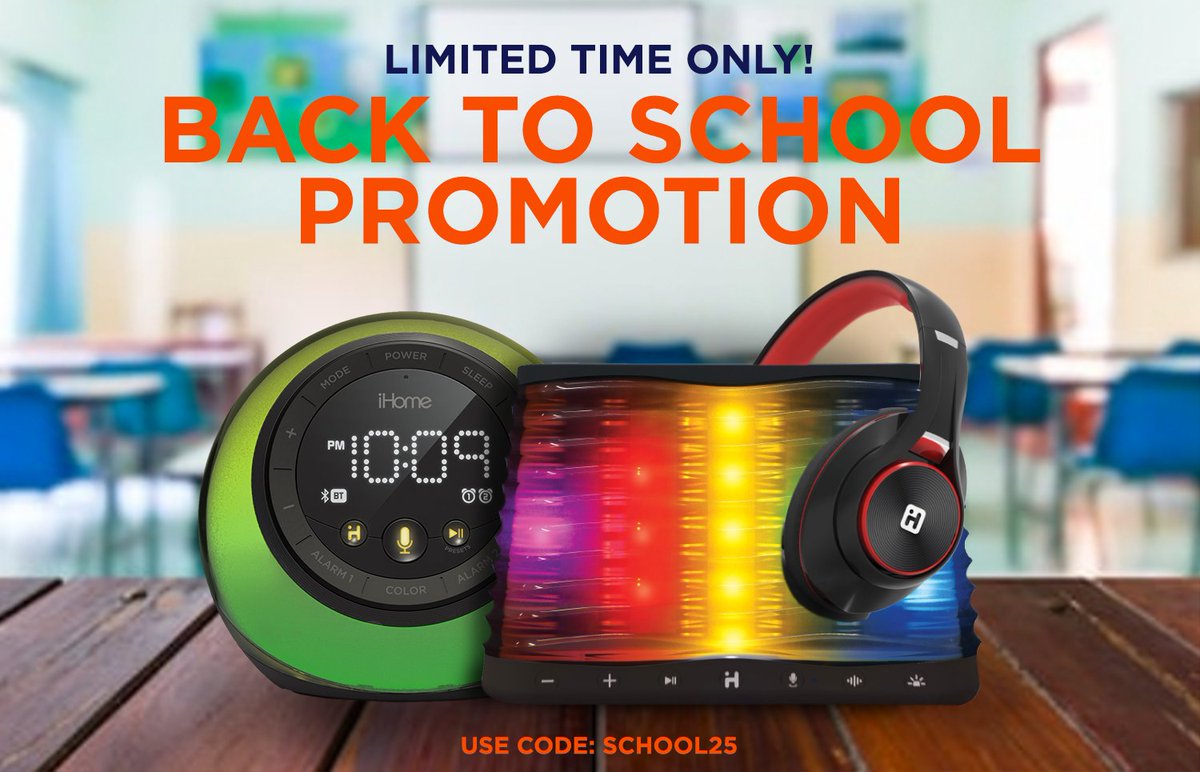 iHome's tweet photo. Save 25% site wide and be ready to make the most out of the school year with iHome!!.
.
.
**Offer excludes Zenergy Products and Vanity Mirrors**
.
.
#BackToSchool #iHome #Promotion #BackToSchoolPromotion #Speakers #BackToSchoolShopping #Sale #DontSitStill #ConnectWithoutWires https://t.co/iYs2eIAOIJ