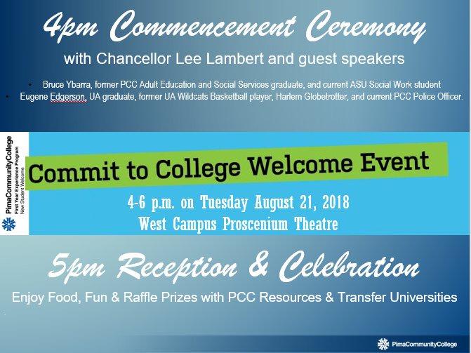 PimaFYE's tweet photo. #YouAreInvited to our 2nd Annual #CommitToCollege #NewStudentWelcome August 21 4-6pm West Campus Theatre. Family, friends & all fellow students welcome! Counts for #FYEpassportPCC #FYEworkshop #Belonging
@StudentLifeWC @StudentLifeNWC @StudentLifeEast @PimaDowntown @pimatweets https://t.co/6cDyDh6sdl
