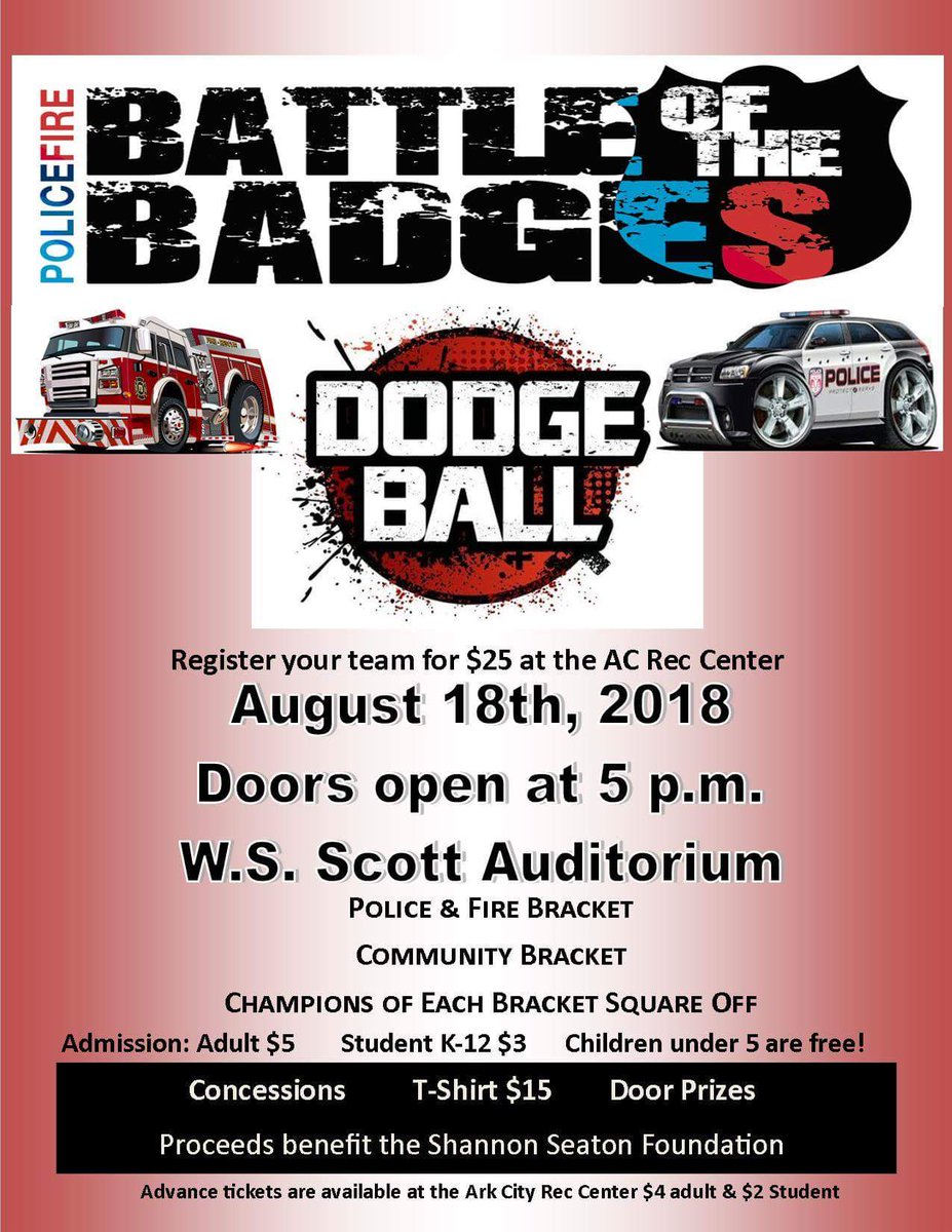 ArkCity_Police's tweet image. It's going down today!  Come out for fun🤾‍♂️🤾‍♀️ food🍔🌭 &amp;amp; prizes🎁

Doors at W.S. Scott Auditorium open at 5 p.m. Play begins at 6 p.m.

#CowleyBattleOfBadges
