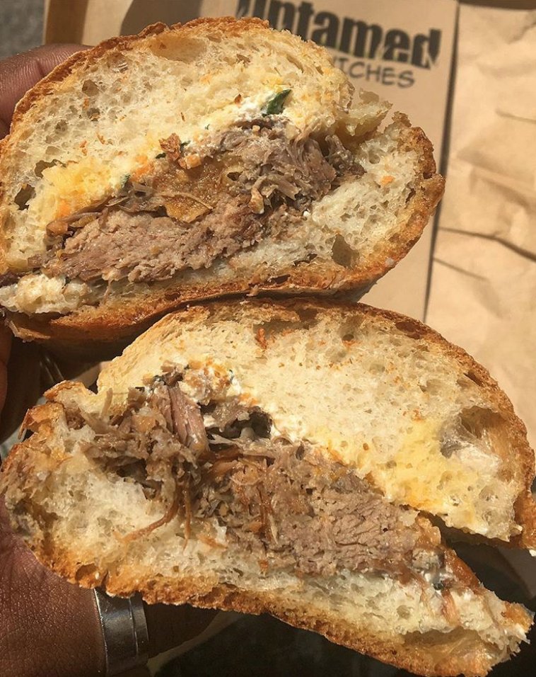 UntamedSandwich's tweet photo. Mary had a little lamb, so she braised it in white wine and added mint ricotta, pickled carrots and fried lasagna noodles and put it in a glorious ciabatta. https://t.co/Ep29tIHVwA