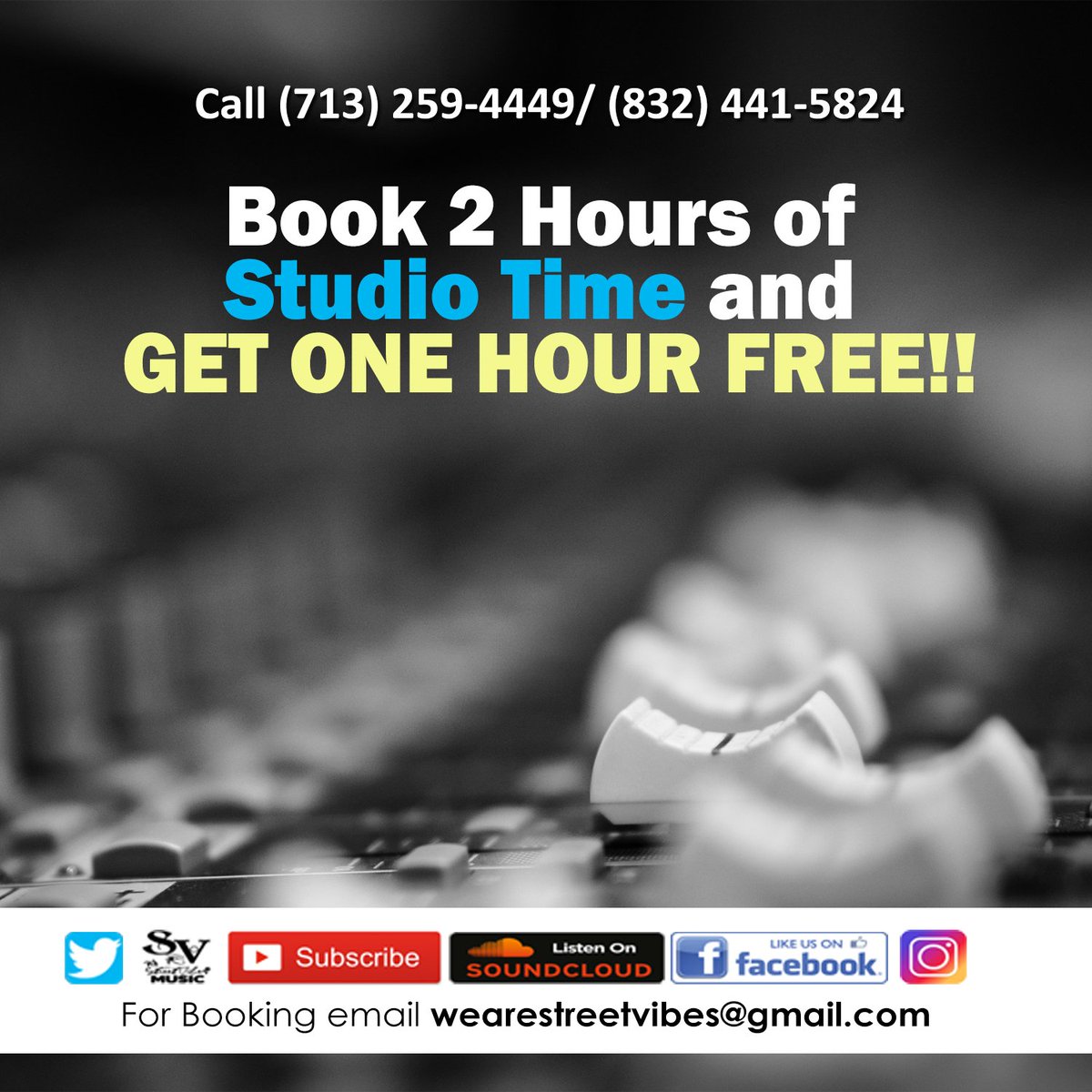 juicej_ula's tweet image. Book 2 Hours of studio Time and GET ONE HOUR FREE!! for inquiries: Email wearestreetvibes@gmail.com or call (713) 259-4449/ (832) 441-5824 #Wearestreetvibes #streetvibesmusicrecords #streetvibes #juicejula #rickb #skythegoddess #streetmusic