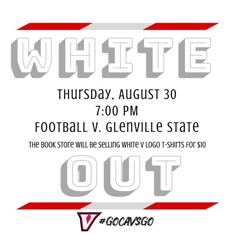 UVAWISECAP's tweet photo. Less than two weeks until our first football game! Join us August 30th for our home opener against Glenville State and be sure to wear white!
•
Stop by the UVa-Wise Bookstore to pick up a white V logo shirt for $10 @UVaWiseCavs @UVaWise_FB 
#GoCavsGo https://t.co/2lLZZVJTlT