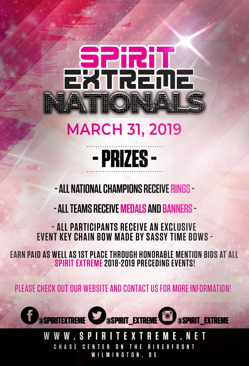 Spirit_Extreme's tweet photo. We are thrilled to announce we now have everything finalized for our Spirit Extreme Nationals! It will be held Sunday March 31, 2019 at the Chase Center on the Riverfront in Wilmington, DE! Contact us with any questions you may have! #SENationals #SpiritExtreme https://t.co/McjeksQYww
