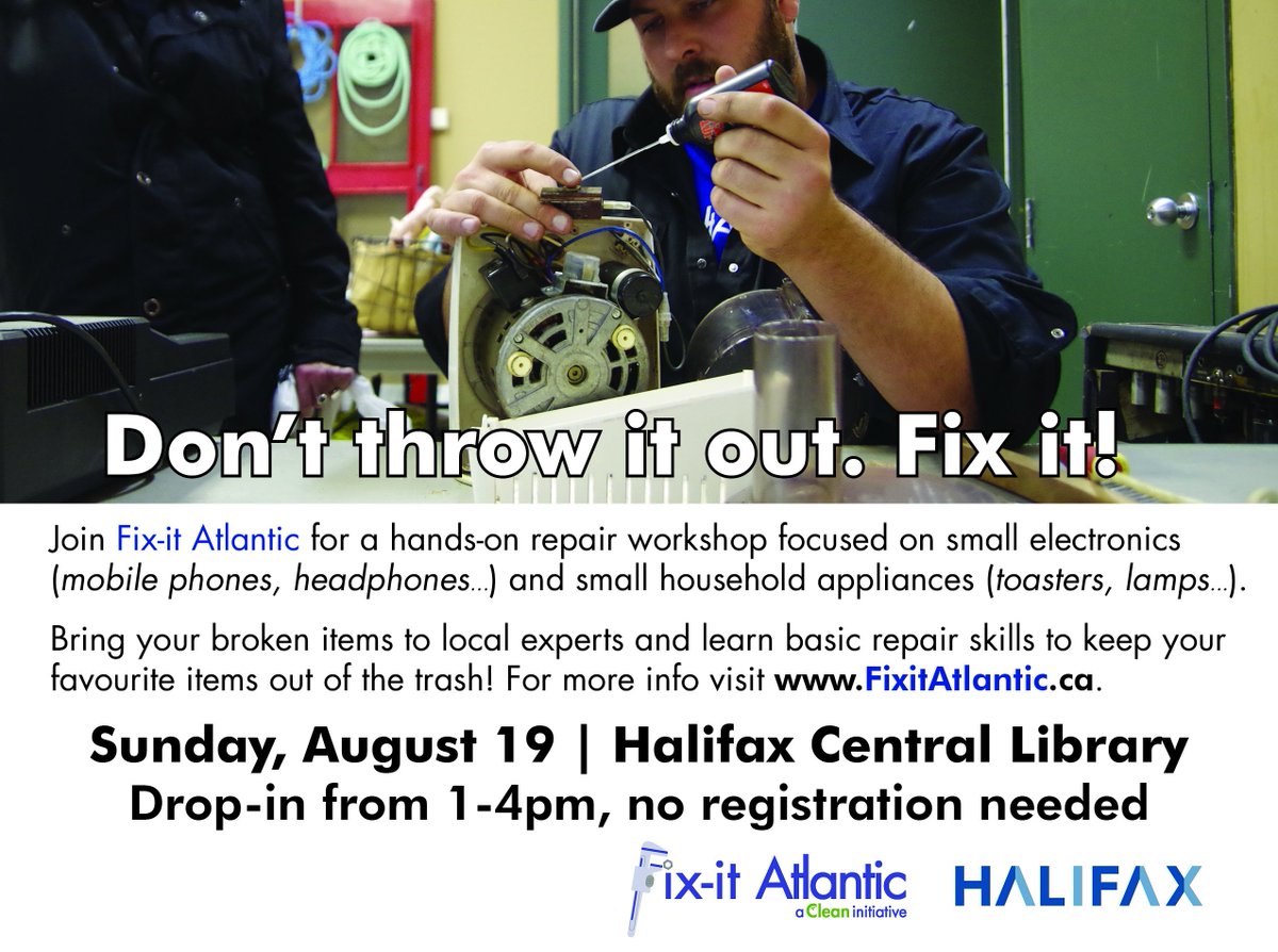 CleanFoundation's tweet image. TOMORROW 1-4pm! Free hands-on repair workshop focused on small electronics/small appliances. Bring broken items to local repair experts &amp;amp; learn skills to keep your stuff out of the trash! @hfxpublib @hfxgov #FixitFair #WasteLess
facebook.com/events/5064379…