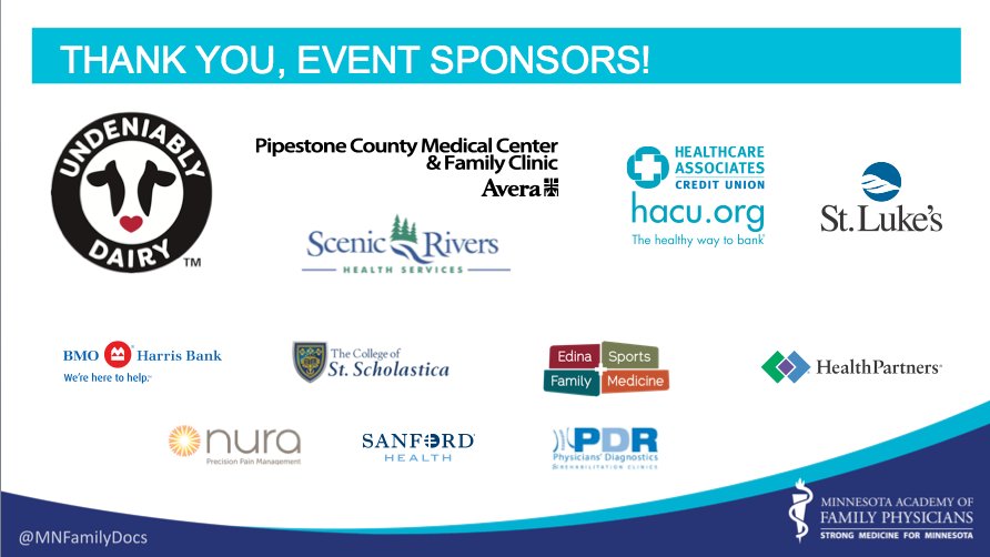 MNFamilyDocs's tweet photo. Thank you to all our #MAFPDuluth sponsors for partnering with us to support our Summer Destination #CME conference and #MNFamilyDocs. Thank you too to our outstanding presenters for sharing your time and knowledge. https://t.co/ipr9qMCdBk
