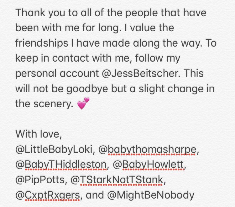 // This was a hard decision to make but it was a long time coming, if I am completely honest with you. If you wanna stay in touch, follow ny personal account @JessBeitscher. I love all of you! 💗