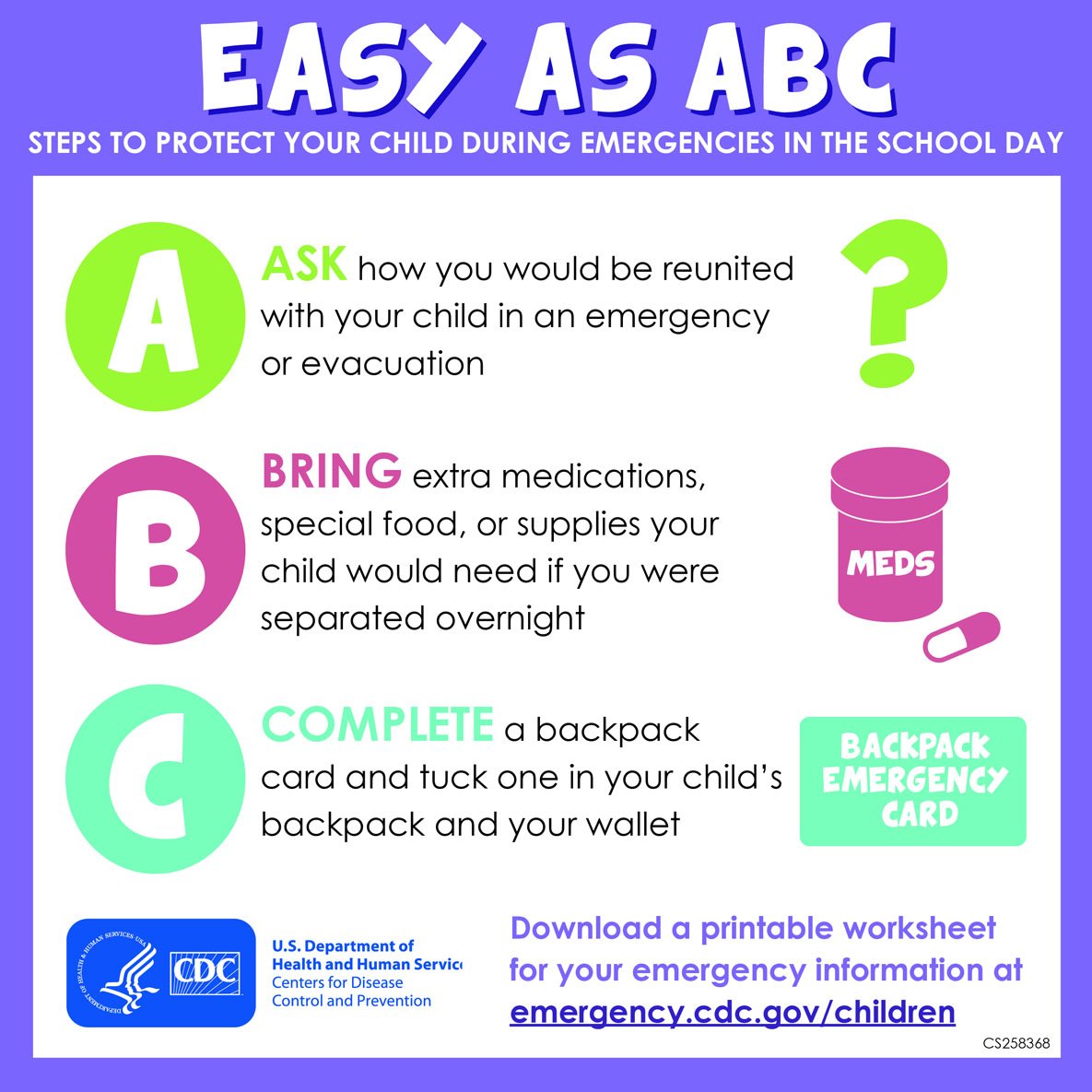 CDC_NCBDDD's tweet photo. What would your child need if they were stuck at school? Use this guide to make sure they’d be ok: https://t.co/2M4encVMcr #BackToSchool #ResolveToThrive https://t.co/cna0BvWngv