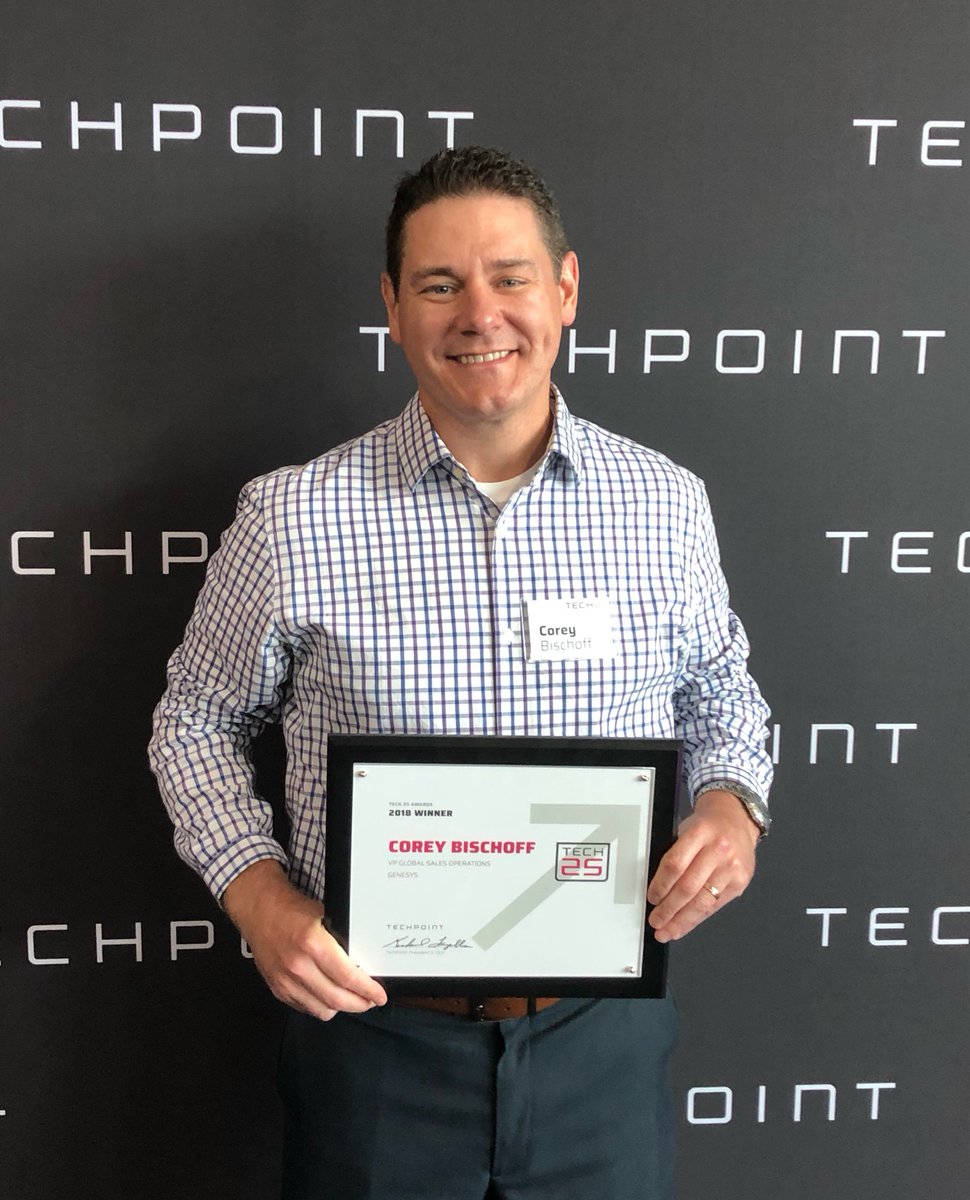 Genesys's tweet image. Genesys VP of Global Sales Operations, Corey Bischoff collected his hardware this week for being named to @TechPointInd’s #Tech25 Class of 2018! Congratulations Corey! #IndyTech #WeAreGenesys