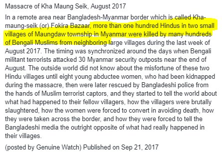  #Rohingyas' secret dark war | Massacre of  #KhaMaungSeik, August 2017Mass killing was probably done to ensure that there is no  #Hindu left to inform army whereabouts militants.  #Kashmir pundits were killed & driven out for same reason.Detail here  https://bit.ly/2L6bjSG 