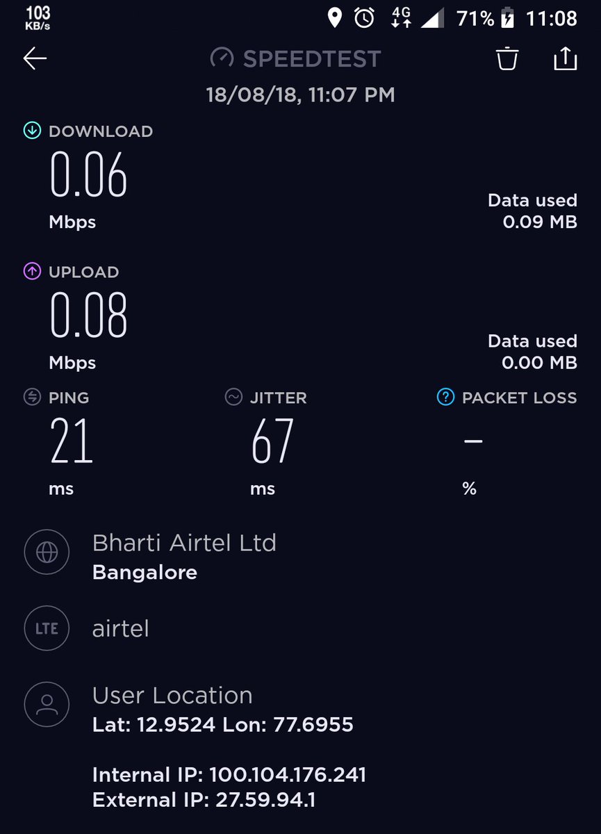 vineet_ravi's tweet image. @Airtel_Presence 4g Internet is very slow and even after several complaints, this issue is not resolved. I am force to discontinue with ur 4g services now. No response after several Okala speed test proof. #BadInternet #slowdata