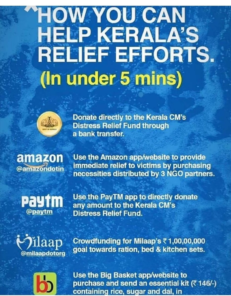 We can all help our country members in Kerela in just 5 mins. Plz donate. We can shop , invest, smoke, drink and earn money through out our lives. But these things are can aid the situation to get better.  Do your bit. 
#KerelaFloodrelief #keralafloods #Kerela #Keralarelieffunds