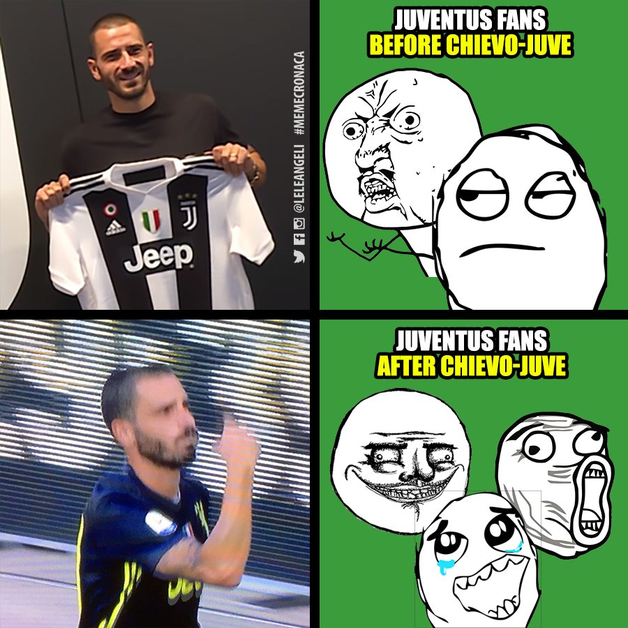 LeleAngeli's tweet photo. Juventus fans vs Bonucci, BEFORE &amp; AFTER.  😏😏😏
#memecronaca #ChievoJuve #ChievoJuventus #CHIJUV #SerieA #SerieATim #FinoAllaFine #jvtblive #Bonucci #bonuccinonlovogliamo @juvefcdotcom https://t.co/qEdtEdcJZH