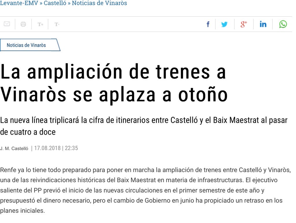 🚂En junio debió multiplicarse por 4 los trenes Castellón-Vinarós. 
☹️Con el retraso se pierde el verano e impide que nuestros jóvenes planifiquen el curso con garantías.
👎Una consecuencia más de la llegada de Sánchez.

levante-emv.com/castello/2018/…