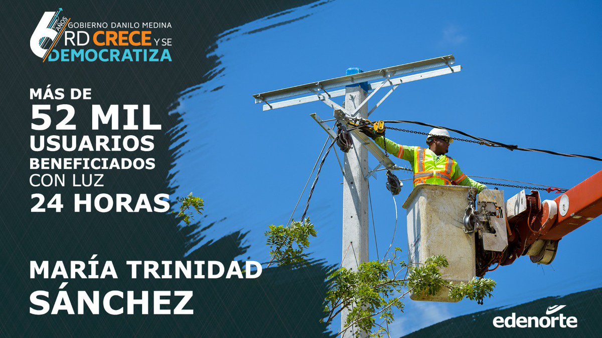 En 6 años de Gobierno,  beneficiamos a más de 52 mil usuarios con luz 24 horas residentes en la provincia María Trinidad Sánchez.
#RDCreceYSeDemocratiza
<a href="/PresidenciaRD/">Presidencia de la República Dominicana</a>  <a href="/CDEEE_RD/">CDEEERD</a>