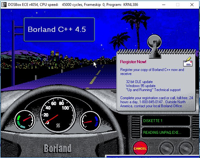 this is a 16 color dated looking graphic of a car's dashboard (you are in the driver's seat) driving into a city. the speedometer is the percentage meter.
