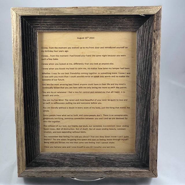 icandiberry's tweet image. This super sweet project was a special order gift for his wife for their anniversary. These are his vows to her etched in the same font and spacing as the original document with a barn board frame to match the theme of their wedding. #etsy #whatmadethis … ift.tt/2wd3uoW