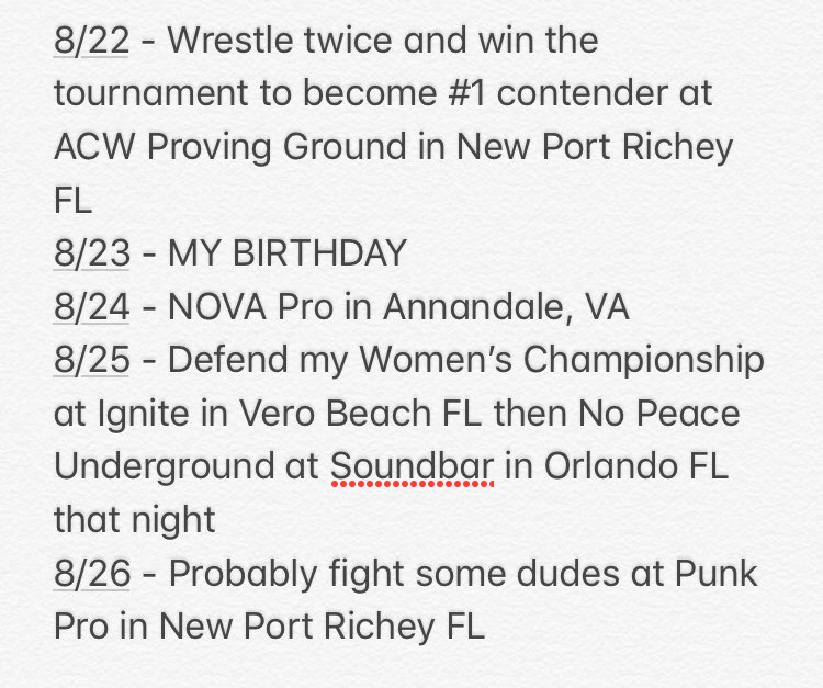aspynthemermaid's tweet photo. My schedule for next week = 6 matches #StunnerMachineGun https://t.co/ZdxvW6pFCR