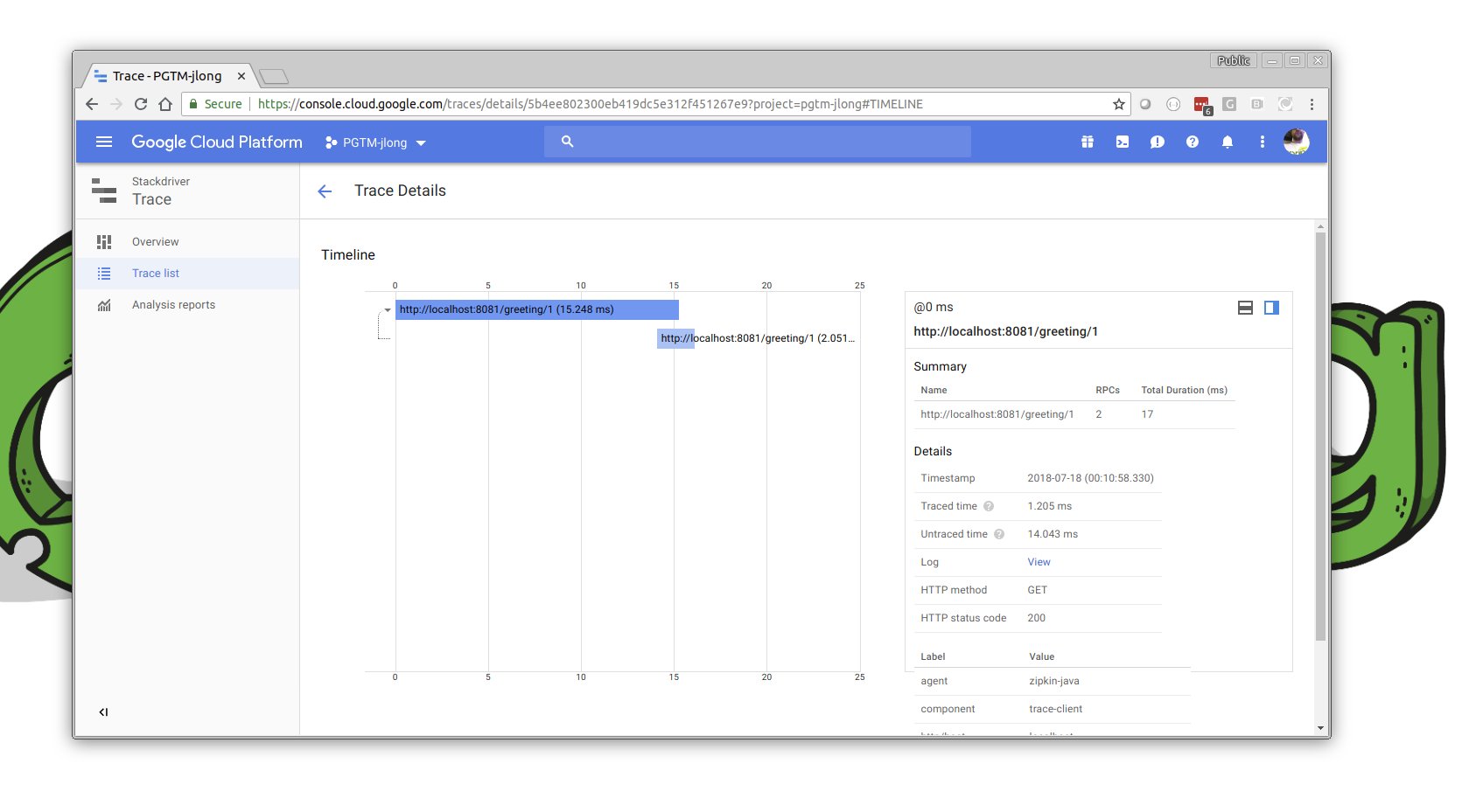 Looking at trace information in the Google Cloud Console