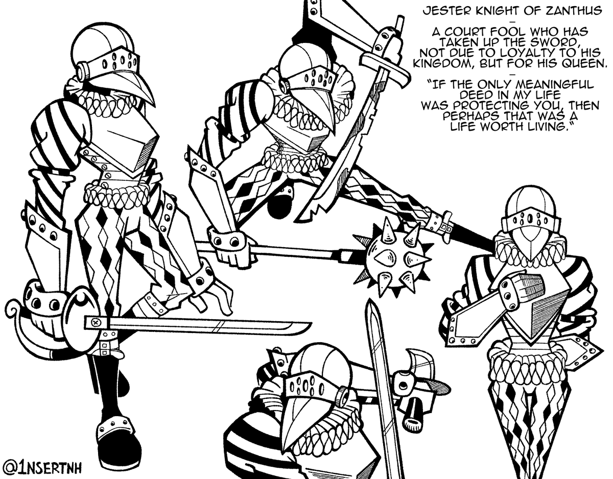 Character sheet for one of the central characters of my next comic project, Jester Knight
