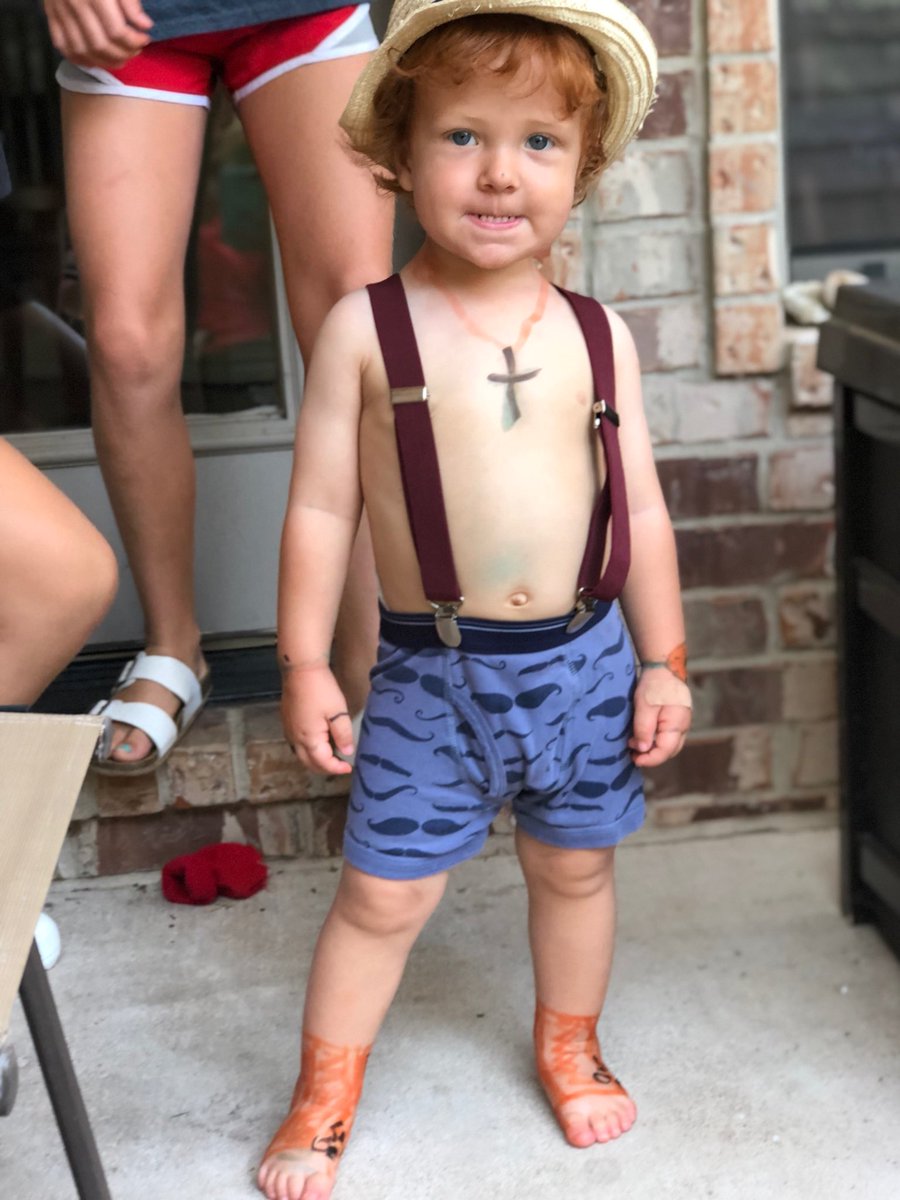 3 older siblings + markers + being out of guards (parents) view for 10 minutes + older brothers undies and suspenders + learning to make faces = 21 month old thug life. Concerns me that he looks so comfortable...