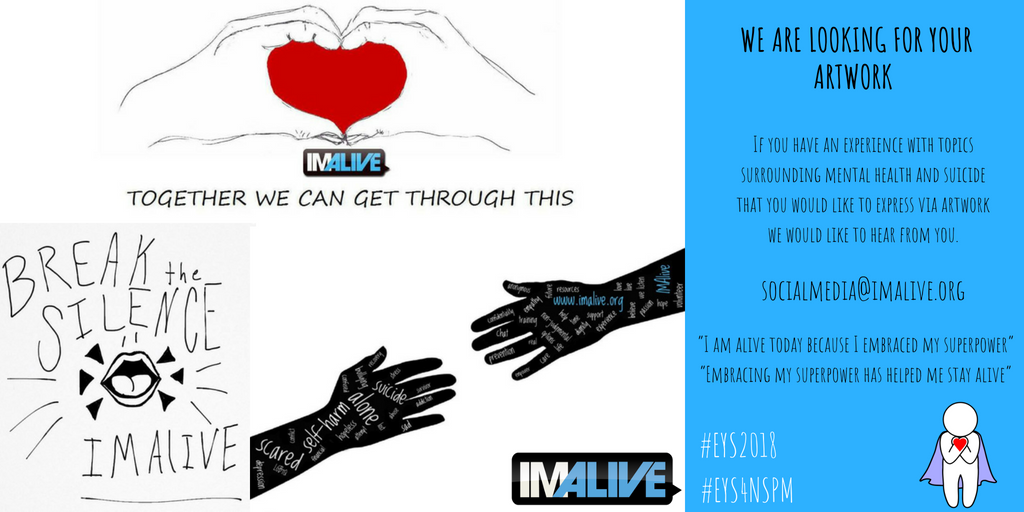 IMALIVE_org's tweet photo. Attention artists of all levels. Join IMAlive to help spread the word about mental health & suicide via artwork. We may share them during suicide prevention month. Please see theme in picture. Send all entries to socialmedia@imalive.org https://t.co/pIhTmAyZUM