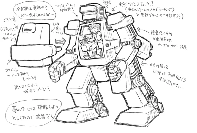 夢の話。ロボットに乗って出撃しようとしたけど、起動カード忘れて取りに。その間に友軍出撃してて、ジャイアントスイングされてる友軍機を助けるために格闘戦に向かう夢を見たので、適当に描いてみた。

夢では格好良かったが、どうしてこうなった。ともあれ、あれこれ設定するのは楽しかったです。 