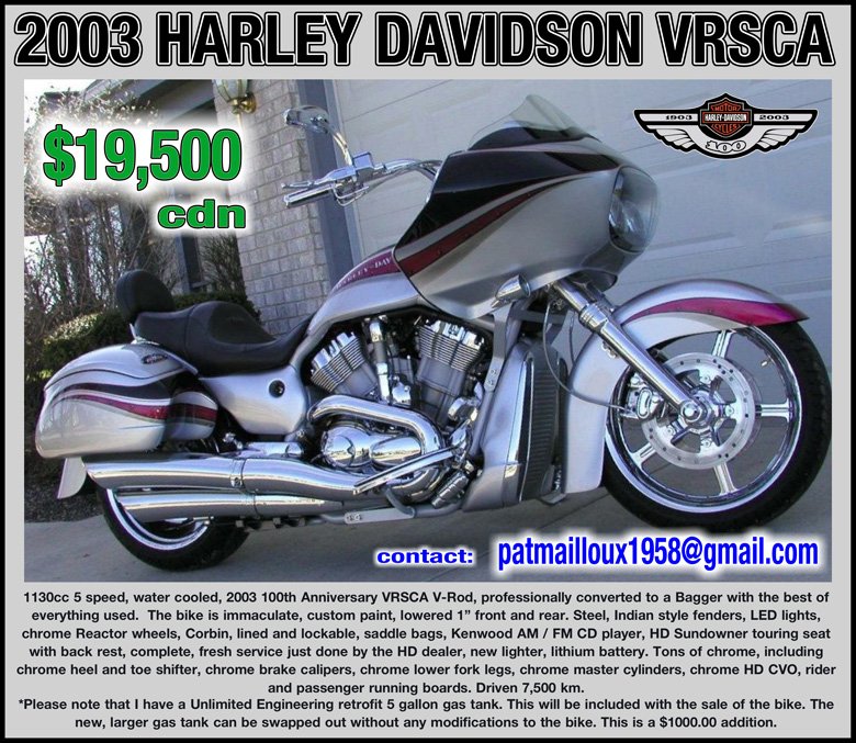 CanadaHD's tweet photo. FOR SALE: 2003 Harley-Davidson 100th Anniversary VRSCA #VROD #Custom #Bagger
There is too much to list here, check out all the details at https://t.co/abnsfhEmDY
#Vrods
#Bagger
#Harley
#HarleyDavidson
#VrodNation
#VRSCA
#VRSC
#HarleyVrod
#Motorcycle
#Motorcycles
#Motorbike https://t.co/Nc6zc1KYSu