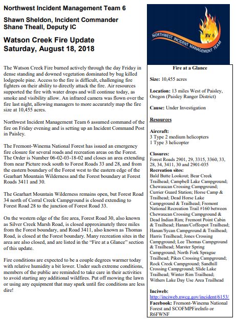 scofmpfireinfo's tweet photo. WILDFIRE UPDATE: #WatsonCreekFire - Updated acres 10,455. Please read attached news release for current closure information and update. https://t.co/v3dWA0QRQb